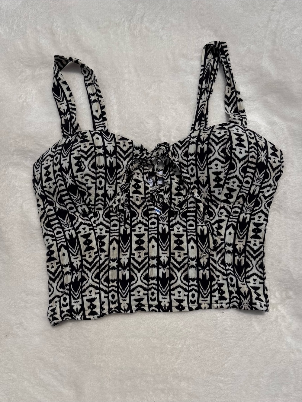 Black & White Tribal Bustier Cropped Tank Top with Tie Front